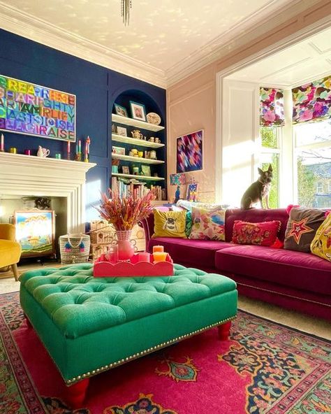 Multicoloured Living Room, Bright Boho Decor, Bright Colour Living Room Decor, Maximilist Decor, Dopamine Decorating, Pink Sofas, Quirky Living Room, Colourful Lounge, Alcove Cupboards