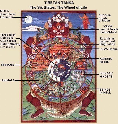 'The Buddhist wheel of life, often the subject of the Tibetan Thanka (also spelled thangka), is one of the most common artistic representations of the Six States of Existence.' http://www.onmarkproductions.com/html/six-states.shtml See also: http://www.buddhanet.net/wheel2.htm http://www.bbc.co.uk/religion/galleries/bhavachakra/ https://www.youtube.com/watch?v=tGUpYD_Ze_E&list=PLC2eY4vWQ0vShlpwJPXhoHaqqSbmkD3I5 Buddhist Wheel Of Life, Japanese Buddhism, Buddhist Practices, Buddhist Philosophy, Buddhist Traditions, I Ching, Tibetan Art, Eastern Art, Wheel Of Life