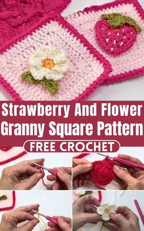 Cherry Granny Square Pattern, Strawberry Crochet Blanket, Strawberry Granny Square Pattern, Fruit Granny Square, Crochet Strawberry Granny Square, Crochet Strawberry Flower, Strawberry Granny Square, Flower Granny Square Pattern, Granny Square Pattern Free