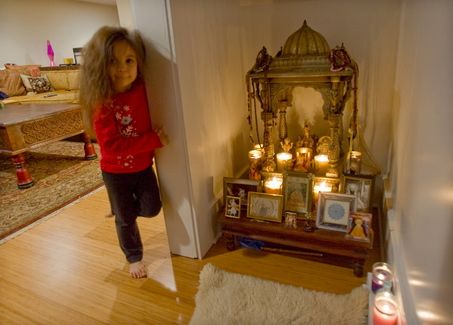 Altared spaces: How to create a sanctuary in your home | "Pritam Khalsa, 4, stands outside the tiny meditation room, which is tucked under the stairs." Under Stairs Meditation Nook, Meditation Shrine, Meditation Table Altars, Room Altar, Home Alter, Shrine Room, Meditation Alter, Meditation Room Design, Robert Adams