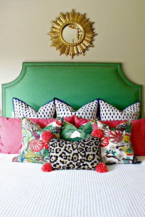 Dimples And Tangles, Green Headboard, Pretty Pillows, Leopard Pillows, Euro Pillows, Pom Pom Pillows, Eclectic Bedroom, Pretty Pillow, Home Basics