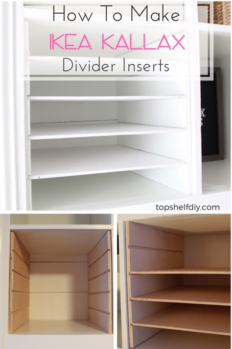 Love Ikea Hacks? Make these divider units for about $3 a piece and get all of your materials organized! #ikeahacks #ikea Shelf Dividers Diy, Ikea Craft Storage, Ikea Shelf, Ikea Craft Room, Ikea Crafts, Hack Ikea, Scrapbook Storage, Ikea Shelves, Shelf Dividers