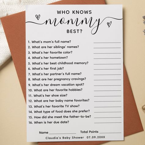 Feel free to use these questions as a starting point, and you can add more personalized ones if you like. This will make the game more enjoyable and unique for the mom-to-be and the guests at the baby shower. Every aspect of the template is customizable, from text styles and colors to sizes, ensuring a perfect fit for your event. If you require assistance or desire matching items, please don't hesitate to reach out to me. Dream Vacation Spots, Who Knows Mommy Best, Pregnancy Cravings, Baby Shower Game, Activity Games, Types Of Food, Who Knows, Baby Shower Games, Shower Games