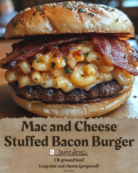 🍔🧀🥓 **Mac and Cheese Stuffed Bacon Burger** 🧀🍔 What happens when you combine the creamy goodness of mac and cheese with the smoky flavor of bacon inside a juicy burger patty? You get the **Mac and Cheese Stuffed Bacon Burger**—the ultimate indulgence for burger lovers! 😍🔥 👩‍🍳 **Ingredients:** - 1 lb ground beef - 1 cup prepared mac and cheese - ½ lb bacon, cooked and crumbled - 4 burger buns - Lettuce and tomato, for topping 🎯 **Instructions:** 1. **Prepare Patties**: Shape ground beef int... Bacon Lasagna Burger, Good Burgers, Mac And Cheese Burger, Grilled Burger Recipes, Street Food Business, Grilled Beef Recipes, Backyard Food, Burger Patty, Juicy Burger