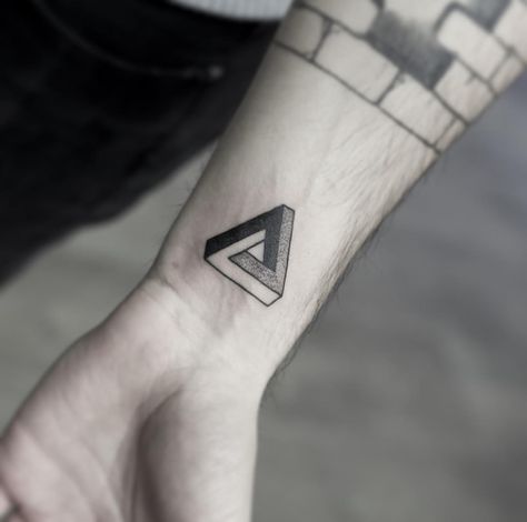 Impossible triangle, commonly known as the Penrose Triangle tattoo by Wagner Basei Triangle Tattoo Meaning, Pashmina Saree, Impossible Triangle, Penrose Triangle, Shape Tattoo, Art Articles, Geometric Drawing, Hand Tattoos For Guys, Tattoo Meaning