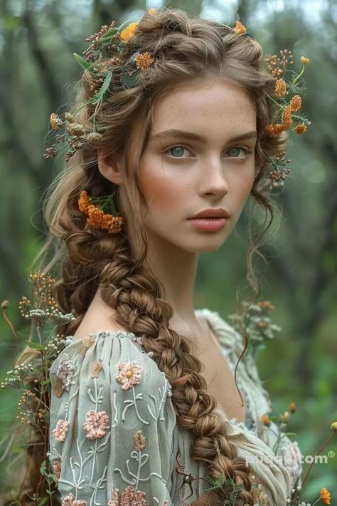 Fantasy Braids, Photography Figure, Κούρεμα Bob, Halo Braid, Mermaid Waves, Braids Ideas, Nature Goddess, Flowers In Her Hair, Pelo Afro