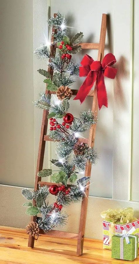 Add Christmas Sparkle with a Holly Berry Leaves Ladder Christmas Ladder, Old Ladder, Red Christmas Decor, Christmas Decorations Cheap, Simple Christmas Decor, Easy Christmas Decorations, Cheap Christmas, Diy Christmas Decorations Easy, A Ladder