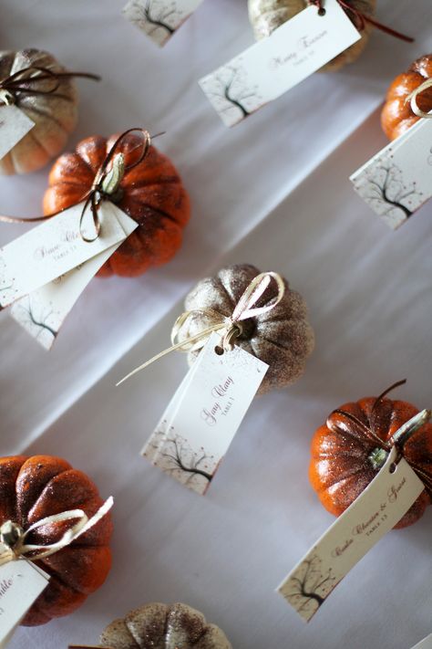 Pumpkin Place Setting Wedding, Fall Wedding Seating, Pumpkin Place Cards, Wedding Web, Place Setting Cards, Wedding Seating Cards, Halloween Names, Thanksgiving Place Cards, Wedding Name Cards