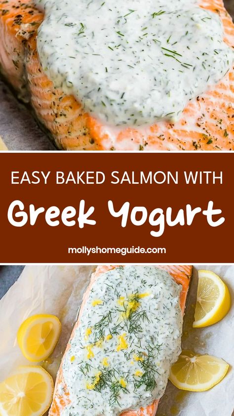 Indulge in the flavors of perfectly baked salmon paired with creamy Greek yogurt sauce. This delicious and nutritious meal is easy to make, bursting with protein and healthy fats. Elevate your dinner game with this simple yet elegant dish that will impress even the pickiest eaters. Whether you're a seafood lover or looking for a wholesome meal option, baked salmon with Greek yogurt is a winning choice. Salmon With Yogurt Sauce, Soft Salmon Recipe, Greek Yogurt Sauce For Salmon, Taziki Salmon Recipe, Best Oven Baked Salmon, High Protein Meals Salmon, Quinoa Recipes With Salmon, Healthy Recipes With Salmon, Salmon Recipes Mediterranean