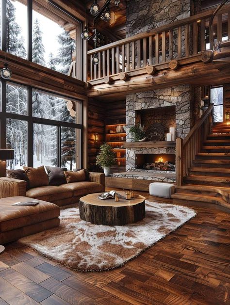 Wood Lodge Cabin, Woodsy Cabin Interior, Dream Cabin In The Woods, Dark Wood Cabin, Moody Cabin Interior, Luxury Winter Cabin, Cabin Aesthetic Interiors, Mountain Lodge Living Room, Cabin Sunroom