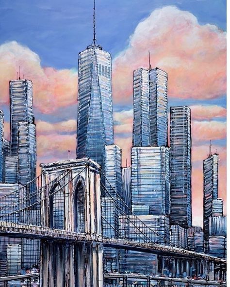 New York Bridge, Bridge Drawing, Brooklyn City, City Drawing, Cityscape Art, Cityscape Painting, Brooklyn Bridge, Beautiful Artwork, New York Skyline