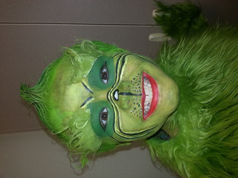 Careful Spraying Hair so not to get 'dripping'. Fixed it with more make-up though. Jim Carrey Grinch Face, Grinch Costume, Grinch Costumes, Seussical Jr, Seussical Costumes, Hippie Hair, Fix It, Grinch, Carnival Face Paint