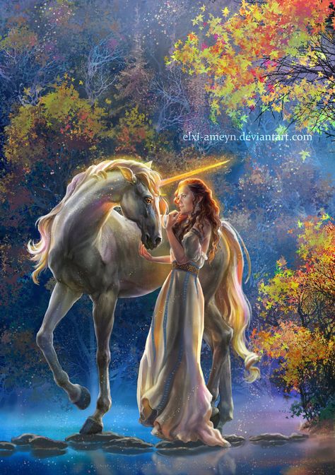 Sophia and the Unicorn by ElXi-Ameyn.deviantart.com on @DeviantArt Unicorn Artwork, Unicorn And Fairies, Pegasus Unicorn, Unicorn Drawing, Unicorn Pictures, Fantasy Horses, Fairy Dragon, Unicorn Wallpaper, Unicorns And Mermaids