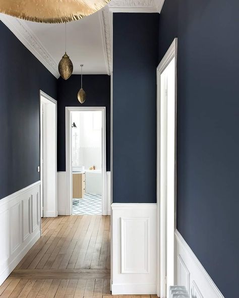 Hallway Remodel, Dark Blue Living Room, Transitional Interior Design, Hallway Makeover, Room Wall Colors, Hallway Designs, Best Paint Colors, Wall Decor Design, Style Deco