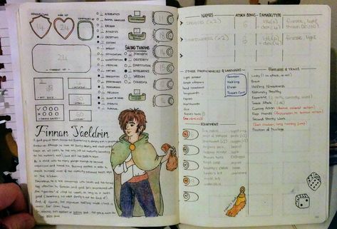 I put my D&D character sheet in my bullet journal! Pathfinder Character Sheet, Grand Grimoire, Gaming Journal, Dnd Journal, Character Journal, Eldritch Knight, Dnd Table, Dnd Diy, Dnd Character Sheet