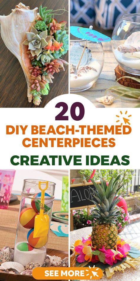 Learn how to craft beautiful beach-inspired centerpieces with our detailed do-it-yourself tutorial. Explore a variety of materials like seashells and sand-filled containers to unleash your creativity and infuse a seaside vibe into your dining experience. Whether for weddings, gatherings, or enhancing your living space with coastal flair, the options are limitless. Embrace your inner artist and design your very own beach sanctuary now! 🐚 Perfect for any occasion! Rustic Beach Wedding Centerpieces, Beach Theme Party Table Decor, Seashell Centerpieces Diy, Surfboard Centerpiece, Beach Party Centerpiece Ideas, Beachy Flower Arrangements, Beach Party Centerpieces, Beach Themed Wedding Centerpieces, Palm Leaf Centerpiece