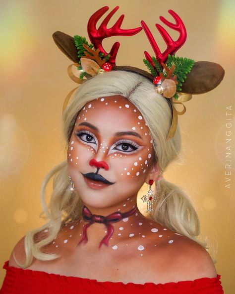 Christmas Deer Makeup, Rudolf The Red Nosed Reindeer Makeup, Christmas Elf Makeup Ideas, Christmas Face Makeup, Christmas Fantasy Makeup, Reindeer Makeup Look, Reindeer Makeup Simple, Deer Makeup Halloween, Rudolph Makeup