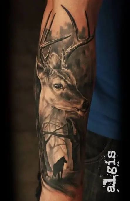 12+ Best Stag Sleeve Tattoo Ideas | PetPress Bow Hunting Tattoos, Buck Tattoo, Forest Tattoo Sleeve, Deer Skull Tattoos, Deer Tattoo Designs, Heart Nature, Stag Tattoo, Wildlife Tattoo, Animal Sleeve