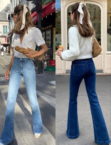 Flare Jeans Outfit Light Wash, Autumn Bbq Outfit, Chic Flare Jeans Outfit, Gap Jeans Women Outfits, Blue Jean Flare Pants Outfit, Bootcut Jeans Styling, Winter Outfits With Flare Jeans, Bootcut Jeans And Sneakers Outfit, Cute Outfits Flare Jeans