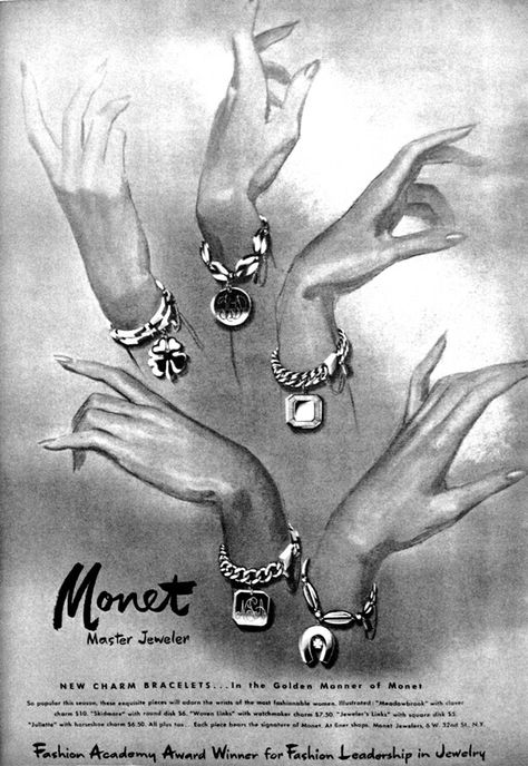 Monet Vintage Jewelry Advertisements, Jewelry Advertisement, 1940s Jewelry, Jewelry Ad, 1950s Bracelet, Tiffany And Co Jewelry, 1960s Jewelry, Clutch Purse Black, Vintage Jewlery