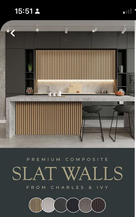 House Exterior Paint Ideas Modern, Waterfall Worktop, Oak Slat Wall, Slatted Walls, London Bakery, Large Kitchen Design, Clean Kitchen Design, Slat Walls, Luxury Bathroom Design