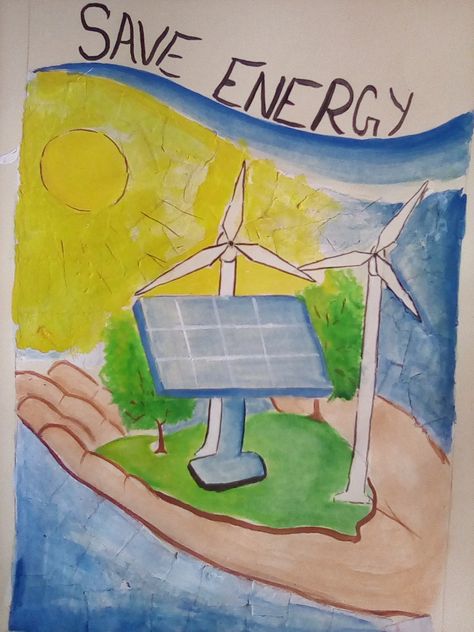 Solar Energy Poster Drawing, Save Energy Poster Creative, Save Energy Drawing, Solar Energy Poster, Energy Conservation Poster, Save Energy Poster, Drawing Of A Hand, Energy Drawing, Wall Painting Flowers