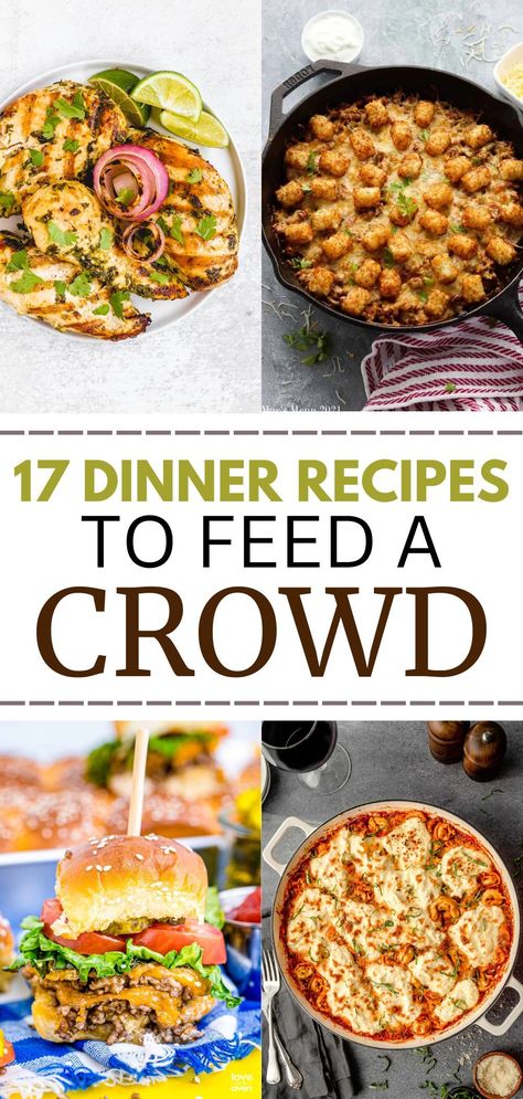 a burger, a tater tot casserole, cilantro chicken, tortellini with cheese Easy Group Dinner, Easy Meals For Large Groups, Dinner For Crowd, Large Crowd Meals, Dinner For Group, Big Batch Meals, Easy Meals For A Crowd, Firehouse Meals, Meals For Large Groups