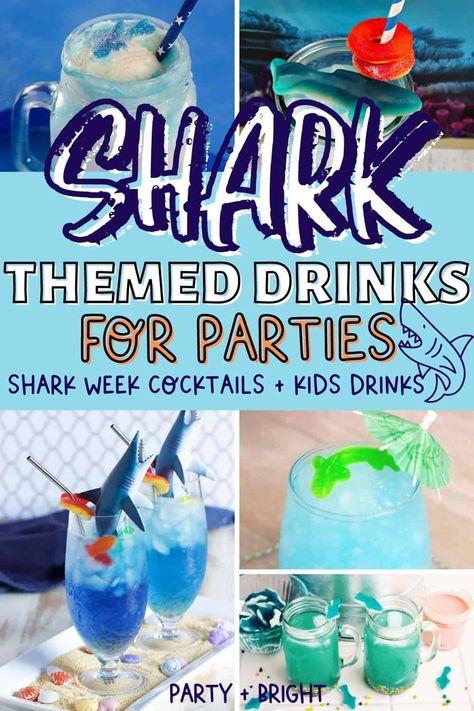 These Shark Themed Drinks are totally "jawsome"—From fierce shark themed cocktails to fun kids drinks for a shark birthday party. Totally delicious drink ideas for a shark party, including shark themed drinks, shark drinks for kids, shark week themed cocktails and other shark party drinks. Shark Week Dinner Ideas, Shark Centerpiece Ideas, Shark Drinks Alcohol, Shark Party Food Ideas, Shark Birthday Party Food, Shark Week Drinks For Kids, Jawsome Birthday, Shark Week Food, Shark Themed Cocktails