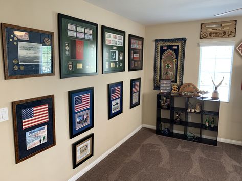 Man Cave Ideas Room, Military Office Decor, Uniform Display, Happy Birthday Marines, Air Force Decor, Military Office, History Room, Finished Basement Designs, Military Wall Decor Ideas