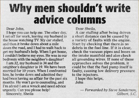 Teaching “should”: Why men shouldn’t write advice columns. | Blog de Cristina Funny Headlines, Orange Power, Advice Column, Advice Columns, Funny Pictures With Captions, Baguio, Dear John, Picture Captions, Dating Advice