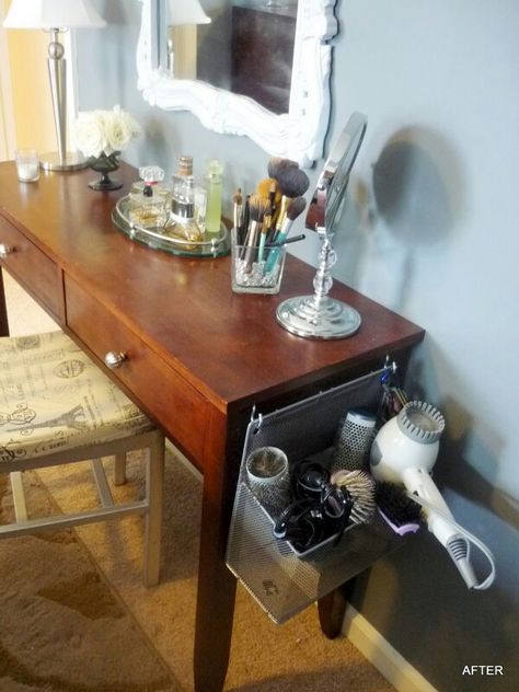 Hair tool caddy on side of vanity for hidden storage. Makeup Storage Under Sink, Diy Makeup Storage Ideas, Dollar Store Bathroom Organization, Makeup Storage Ideas, Hair Tool Storage, Ikea Lack Shelves, Bathroom Drawer Organization, Tool Caddy, Hair Tool Organizer