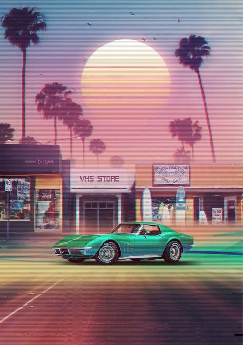 Synthwave Sunset Drive by Denny Busyet Retro Future Aesthetic, 1980 Aesthetic, Denny Busyet, Synthwave Sunset, 80s Illustration, 80s Sunset, 80s Background, 80s California, 80s Aesthetic Wallpaper