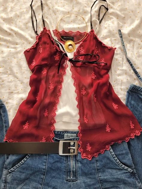 Outfit inspo, aesthetic, inspiration, lace, jeans, top, summer, spring Outfit Inspo Lace Top, Cherry Red Top Outfit, Red Lace Top Outfit, H2o Inspired Outfits, Lace Top Outfit Aesthetic, Red Top Outfit Aesthetic, Lace Top Aesthetic, Red Y2k Outfit, Red Summer Outfits