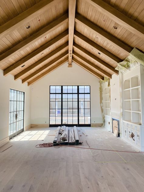 Wood Ceiling With Wood Beams, Wood Pitched Ceiling, Studio Mcgee Wood Ceiling, Modern Rustic House Interior Wood Beams, A Frame Wood Ceiling, High Pitch Ceiling, Wood Celing Roof Design, Vaulted Beam Ceiling, Barn Ceiling Ideas