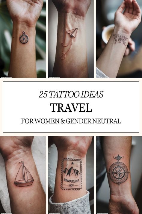 Collage of travel-themed tattoos including a compass, paper plane, map, sailboat, and a "wanderlust" mountain design. Small Wrist Tattoo Ideas, Small Wrist Tattoo, Wrist Tattoo Ideas, Small Wrist Tattoos, Tattoo Ideas For Women, Wrist Tattoo, Wrist Tattoos, Tattoos For Women, Tattoo Ideas