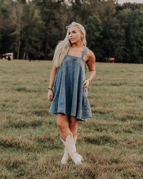 a denim daydream 💙☁️ Men Workwear, Twisted X Boots, Sleeveless Denim Dress, Most Beautiful Images, Senior Pics, Shoes Booties, Mom Style, Photo Inspo, Lace Boots