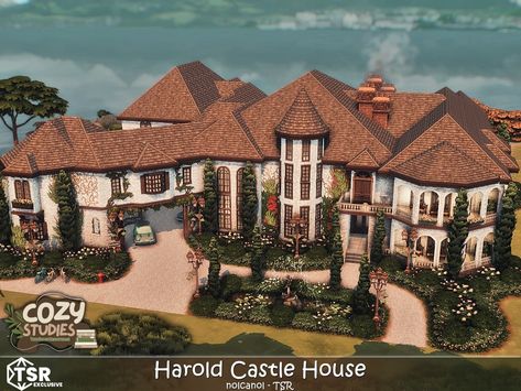 The Sims Resource - Cozy Studies - Harold Castle House No CC No Cc Builds Sims 4, Sims 4 Twilight Cc, Sims 4 Lake House, Sims 4 Mansion, Sims4 Builds, Sims Lots, The Sims 4 Lots, Cc Furniture, Sims 4 Expansions