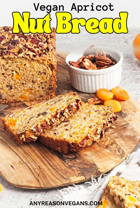 I love this vegan apricot nut bread. It's the perfect slice with a cup of coffee or to grab for an easy breakfast. It also freezes really well so you can make it ahead of time. Apricot Bread Recipe, Date Nut Bread, Nut Bread, Dried Apricots, Chopped Pecans, Perfect Breakfast, Apricot, Easy Breakfast, Yummy Snacks