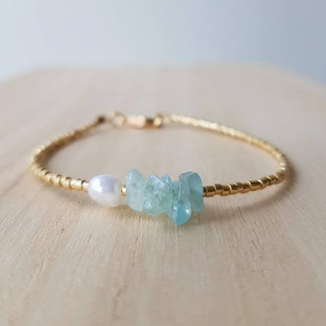 Dainty Aquamarine Bracelet March Birthstone Gemstone Chip - Etsy Gemstone Chips Bracelet, Tiny Bead Bracelet, Multi Wrap Bracelet, Aquamarine Bracelet, Beads Bracelet Design, Birthstone Bracelet, March Birthstone, Birthstone Bracelets, Amethyst Bracelet