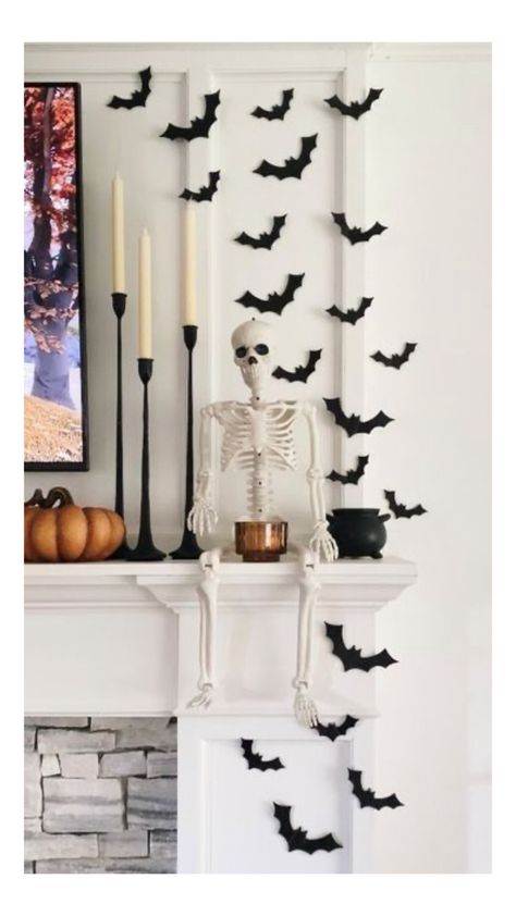 Bat Mantle Decor, Bat Fireplace Decor, Bats On Mantle, Bats Out Of Fireplace, Spooky Halloween Mantle Decor, Bats Over Fireplace, Bats On Fireplace Halloween, Decorate With Skeletons, Year Round Spooky Home Decor