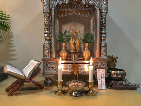 Feng Shui Fish, Hindu Puja, Puja Mandir, Yellow Candles, Prayer Corner, Ikebana Arrangements, Spiritual Living, Sacred Spaces, Moroccan Lanterns