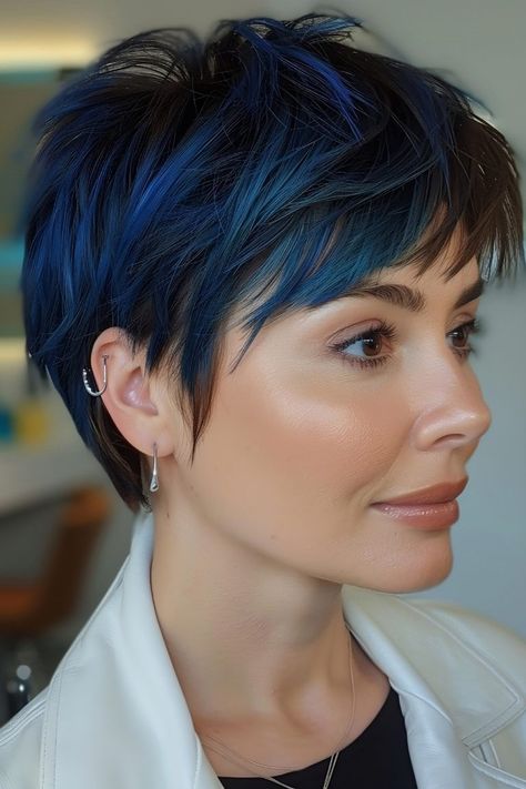 The Best Pixie Haircut Ideas of 2024 Electric Blue Highlights, Pixie Haircut Color, Trendy Pixie Haircut, Pixie Color, Bixie Haircut, Short Blue Hair, Long Haircuts With Bangs, Classic Pixie, Pixie Haircut Ideas