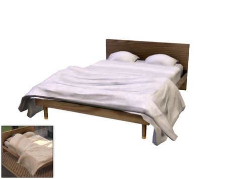 A modern, wooden platform bed featuring white linens and a throw blanket.  Found in TSR Category 'Sims 4 Beds' Living Room Sims 4, Sims 4 Beds, Sims 4 Bedroom, Wooden Platform Bed, Sims 4 Cc Furniture, Sofa Blanket, Sims House, Wooden Bed, Double Bed