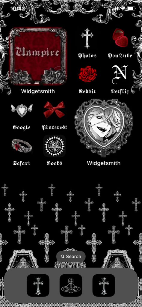 Gothic Homescreen Layout, Vkei Phone Layout, Ios Dark Wallpaper, Goth Ios Layout, Gothic Phone Layout, Gothic Iphone Layout, Gothic Home Screen, Vampire Homescreen, Goth Home Screen