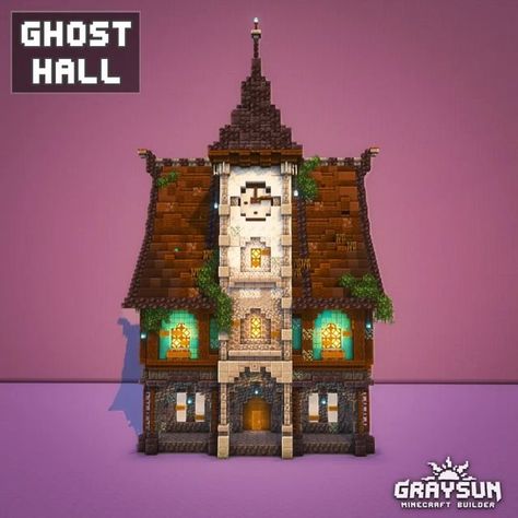 Minecraft Town Hall Ideas Medieval, Minecraft Ghost Build, Town Hall Minecraft Ideas, Minecraft Haunted House Interior, Minecraft Town Hall Interior, Minecraft Guild Hall, Minecraft Medieval Town Hall, Minecraft Haunted Mansion, Haunted House Minecraft