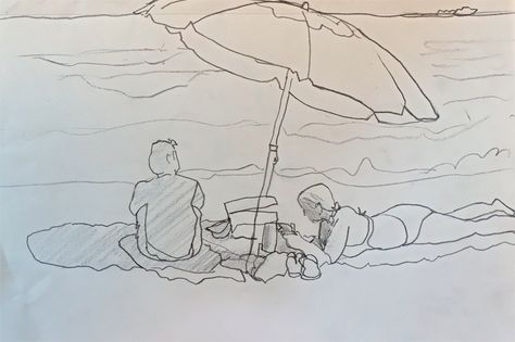 I did this pencil sketch at the beach today. The people in front of me were enjoying a beach blanket day and I decided to draw the umbrella, waves and the people. Beaches Drawing, Beaches Poses, Beaches Quotes, Beaches Outfit, Beaches Aesthetic, Beaches Wallpaper, Beaches Pictures, Beaches Wedding, Sunset Beaches