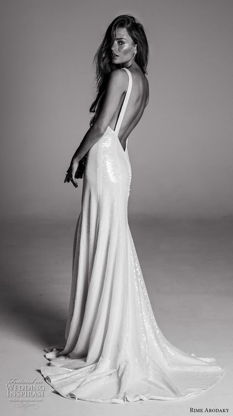 rime arodaky fall 2017 bridal sleeveless strap scoop neckline shimmering bodice sophiscated glamorous sheath wedding dress low back sweep train (4) bv Wedding Dress Low Back, Rime Arodaky, Wedding Dress Sequin, Sequin Wedding, Back Wedding Dress, Bridal Fashion Week, Wedding Dress Inspiration, Fall 2017, Low Back