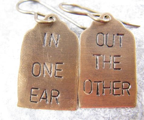 In One Ear Out The Other Stamped Earrings Letter Bracelets, Stamped Earrings, Bracelets Ideas, Halloween Bracelet, Lovers Necklace, Stamped Bracelet, Dragonfly Earrings, Hand Painted Jewelry, Skull Earrings