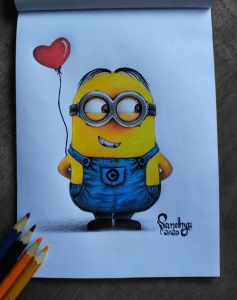 Cute little minion using color pencils. #minion #minionart #miniatureart #cute Minion Pencil Drawing, Cartoon Drawing With Colour, Minions Cute Drawing, Minion Illustration Art, Colourful Doodle Art Drawings Cute, Cute Pencil Colour Drawing, Painting With Color Pencil Ideas, Minion Painting Easy, Pencil Color Art Easy