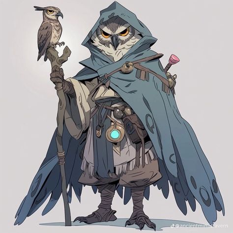 Owlin Dnd Ranger, Owlin Character Design, Dnd Divination Wizard, Owl Dnd Character, Owlin Wizard, Owling Dnd, Owlin Dnd, Owl Wizard, Warlock Dnd